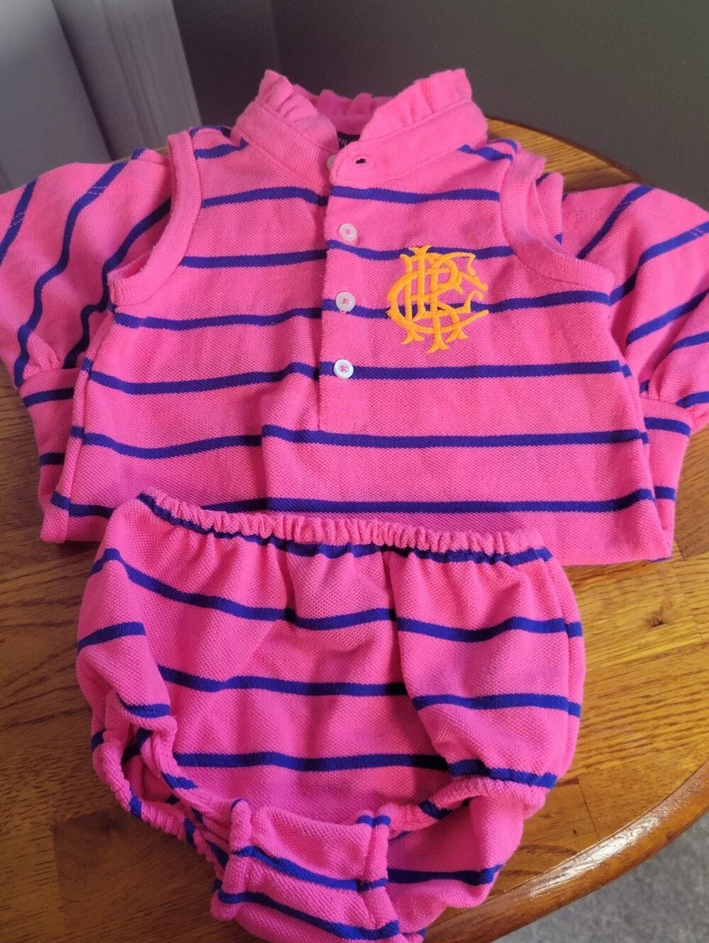 Ralph Lauren Pink and Navy Striped Sleeveless Polo Dress with Orange Crest